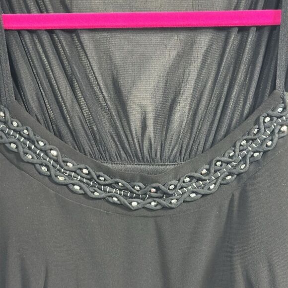 Sangria Black Sleeveless Sheer Babydoll Tie Front Embellished Stretch Midi Dress - Picture 5 of 16